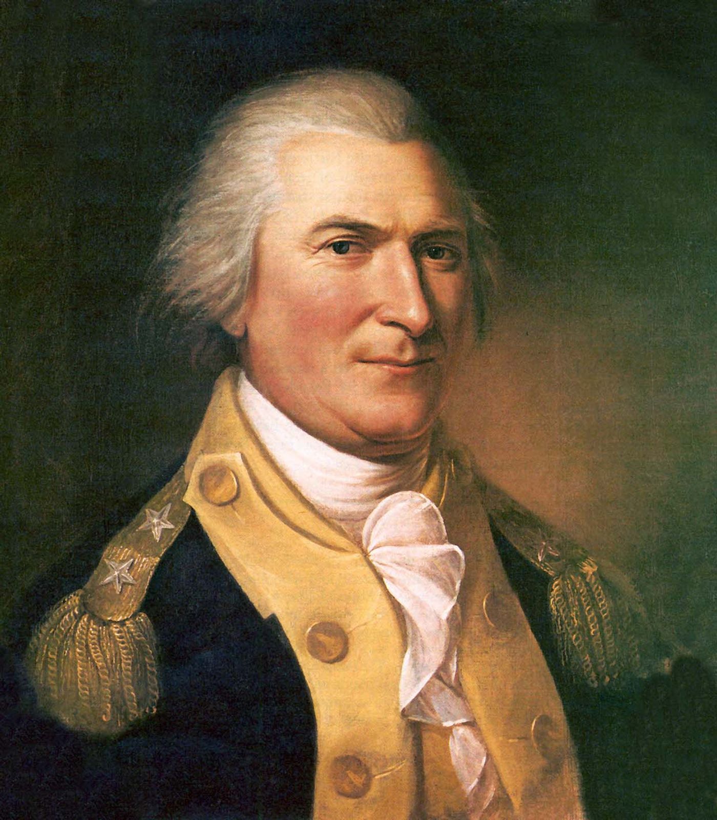 Portrait of a middle-aged officer with white hair in a blue and buff Continental Army uniform with gold epaulets