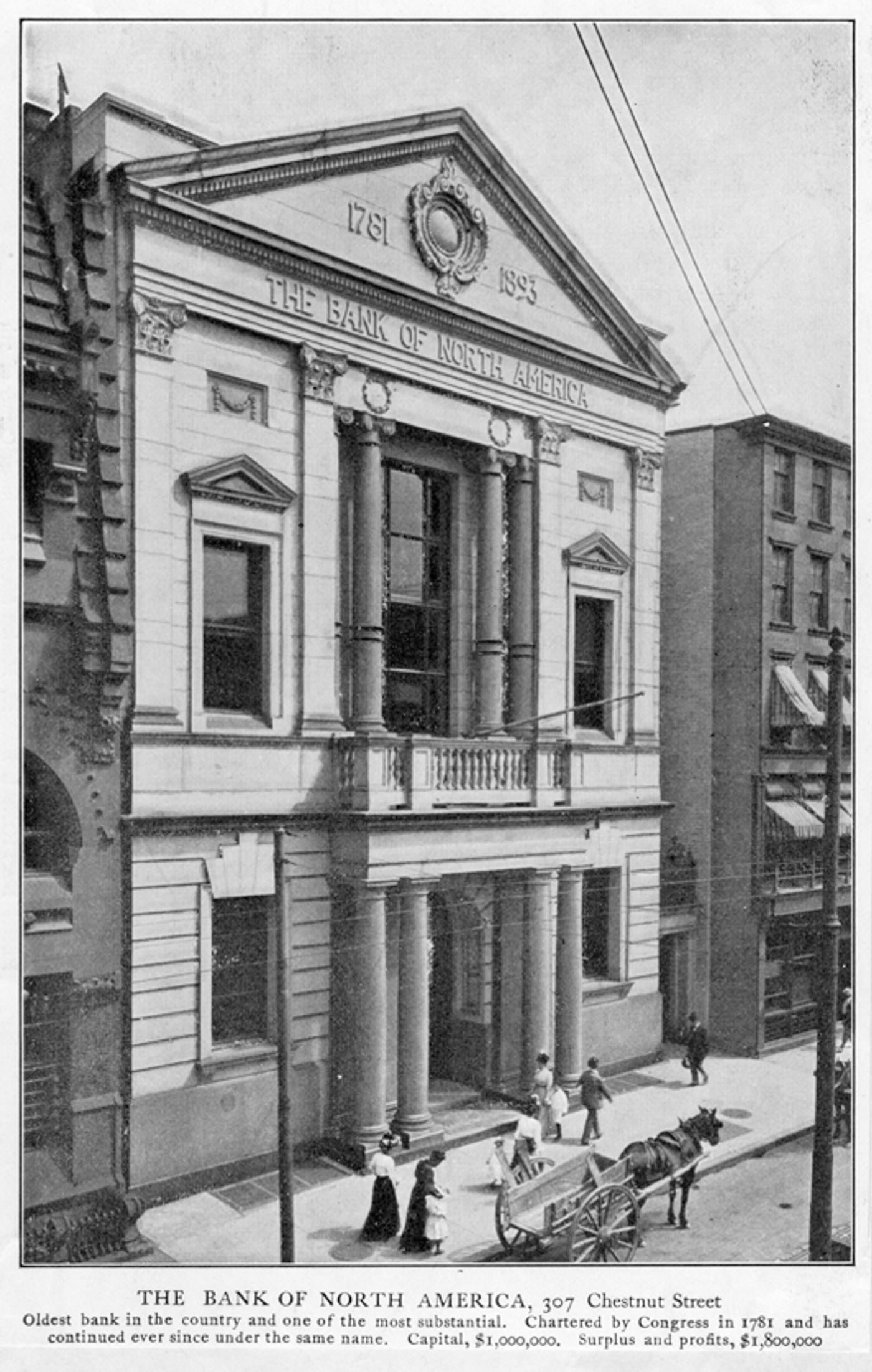 Photograph of a classical stone bank building on a city street, its pediment inscribed "The Bank of North America" and "1781"