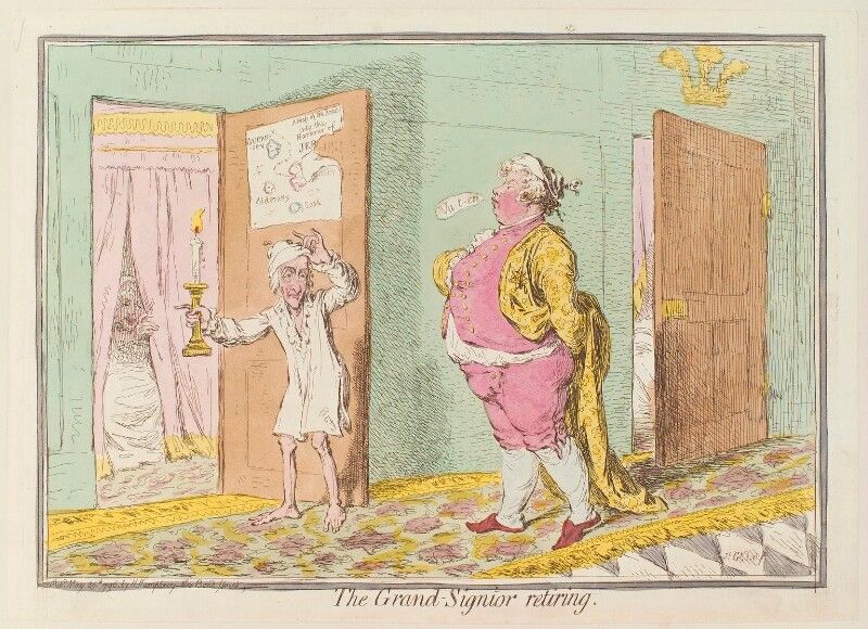 Hand-colored caricature of a thin man in a nightshirt holding a candle at a bedroom door while a stout man in a pink suit and gold robe strides across the room, a woman peeping from behind a curtain