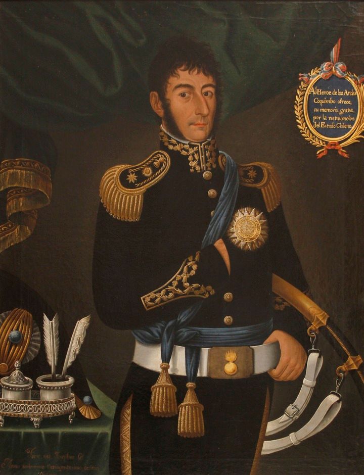 Portrait of José de San Martín in a dark general's uniform with gold epaulettes