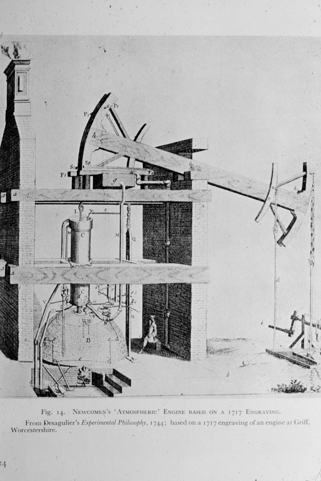 Engraving of a Newcomen engine house with a boiler, vertical cylinder, and wooden rocking beam working a pump rod