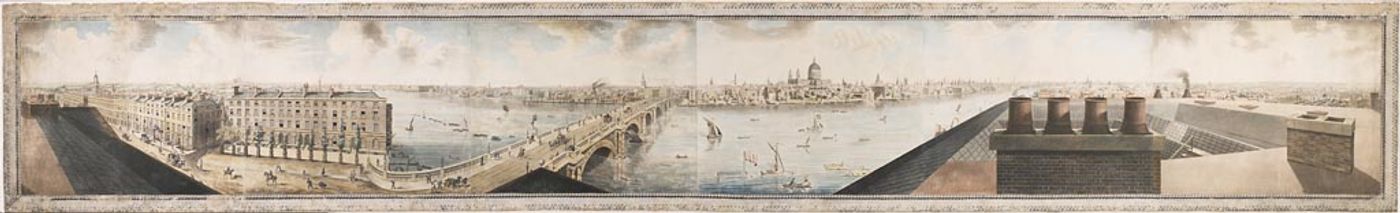 A long, narrow hand-coloured panorama of London seen from a rooftop: terraced houses and a road at the left, Blackfriars Bridge crossing the Thames in the centre with boats below, the dome of St Paul’s beyond, and at the right the leaded roof and tall chimney stacks of the building the view was drawn from