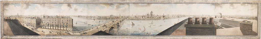 A long, narrow hand-coloured panorama of London seen from a rooftop: terraced houses and a road at the left, Blackfriars Bridge crossing the Thames in the centre with boats below, the dome of St Paul’s beyond, and at the right the leaded roof and tall chimney stacks of the building the view was drawn from