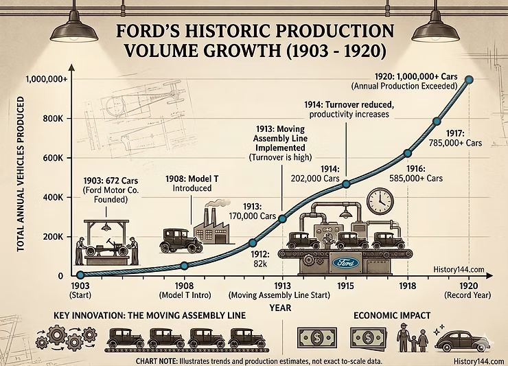 Ford's production volume growth chart 1903-1920 showing exponential increase from 672 cars to over 1 million annually after implementing the moving assembly line in 1913.