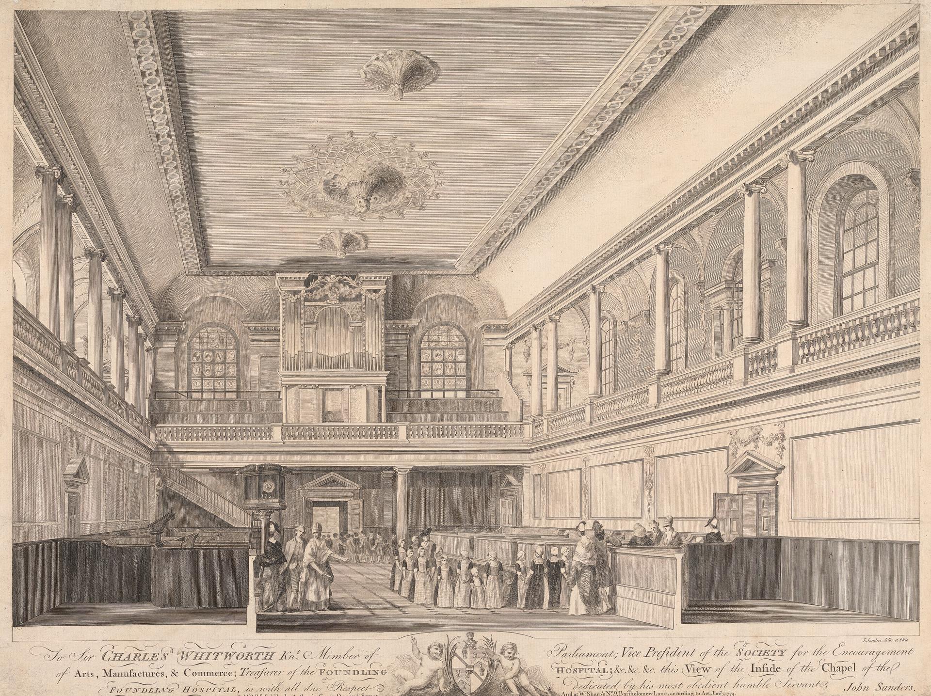 Engraving of a tall, light-filled chapel interior with galleries along both sides, an organ at the far end, and a congregation of adults and children in the pews below