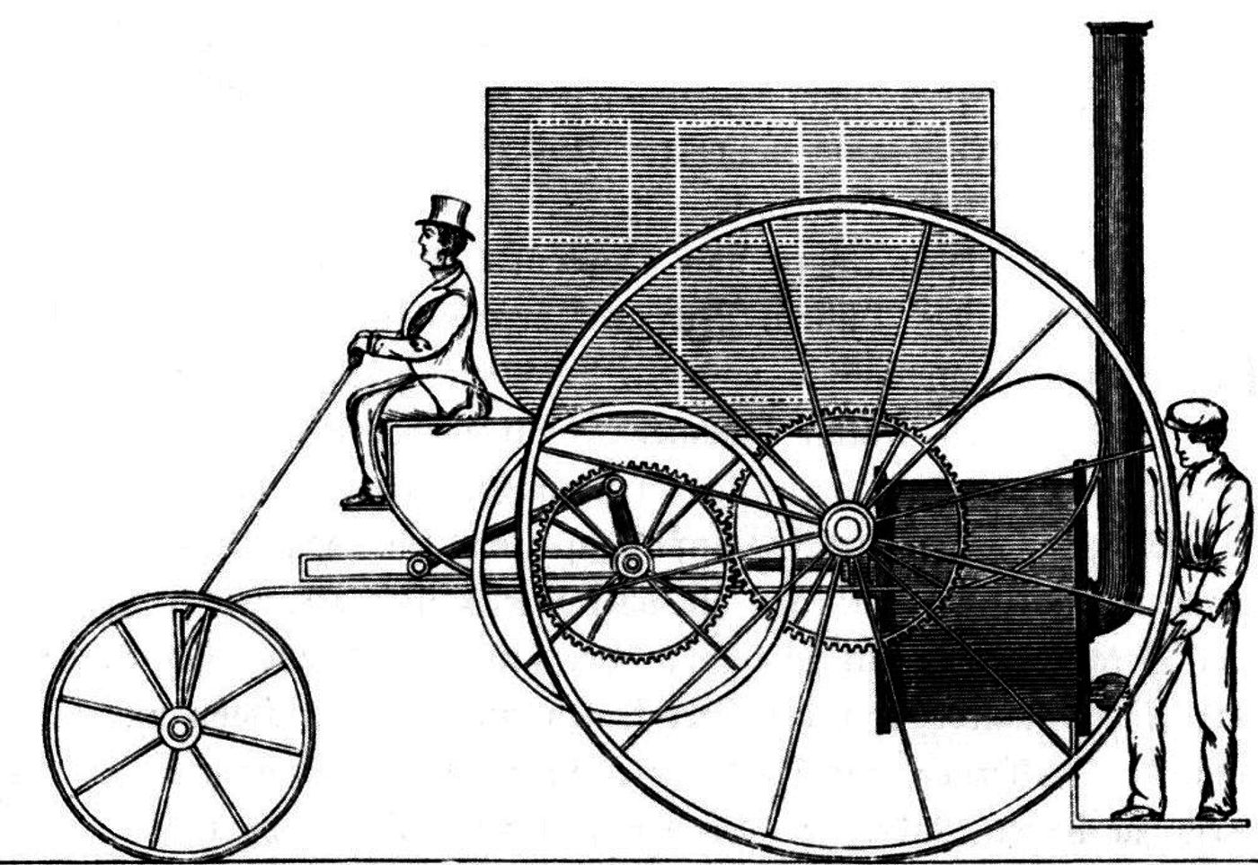 Engraving of a steam road carriage: a seated driver in a top hat steers a small leading wheel by a tiller, a huge spoked driving wheel turns behind him through a train of gears, a coach body rides above, and a man stands at the rear beside the firebox and chimney