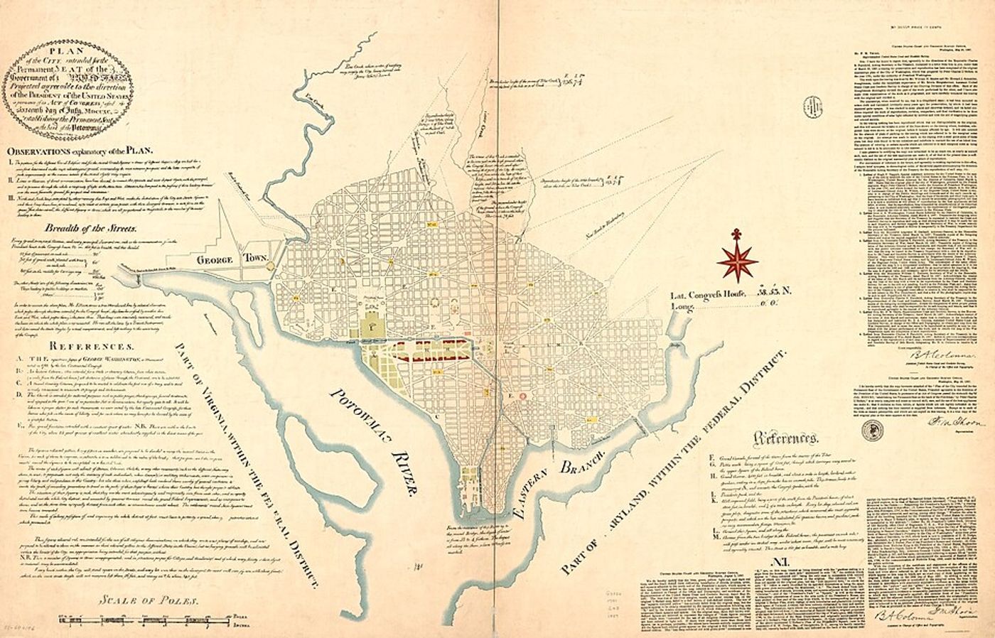 Historical plan of Washington D.C. showing street grid, Potomac River, and federal district layout with architectural notes and references.