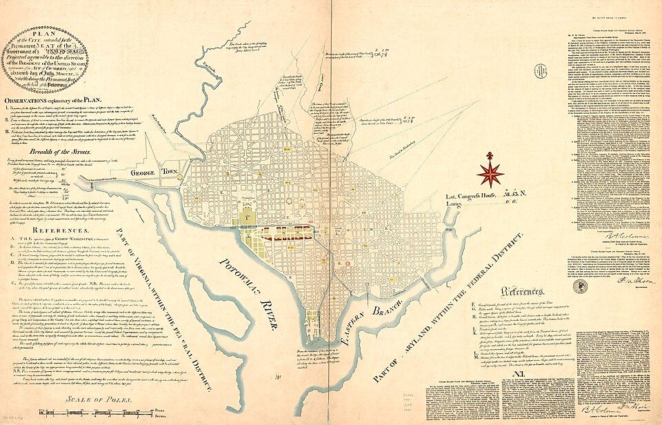 Historical plan of Washington D.C. showing street grid, Potomac River, and federal district layout with architectural notes and references.