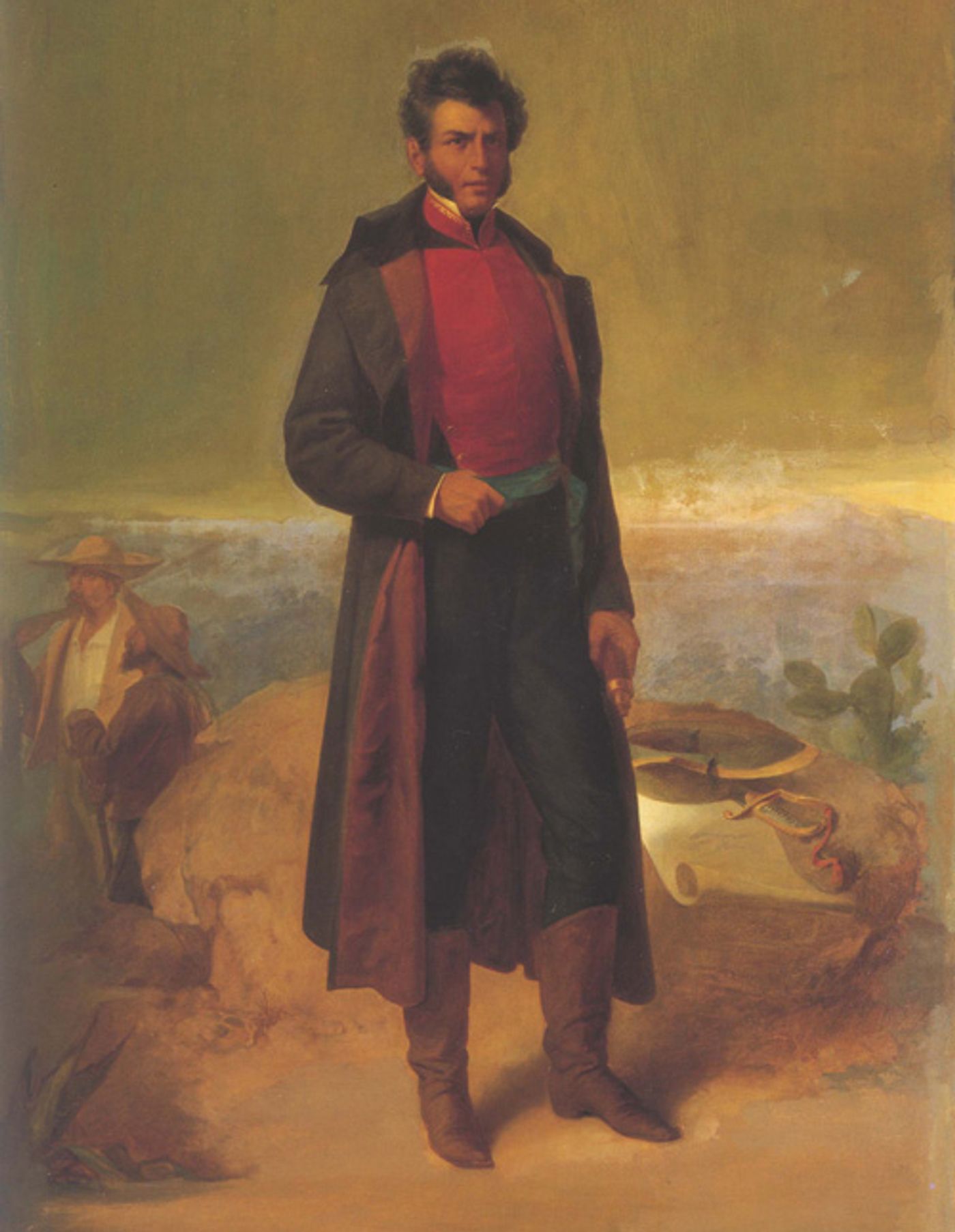 Portrait of a man in early 19th century dress standing in a desert landscape with other figures in the background.