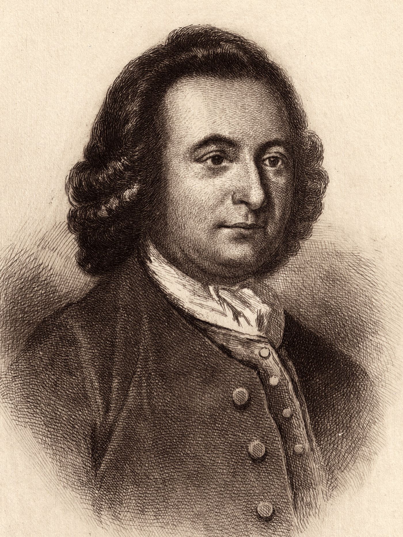 Sepia etched portrait of George Mason in half length, dark hair falling in waves to his collar, wearing a plain coat buttoned over a white stock