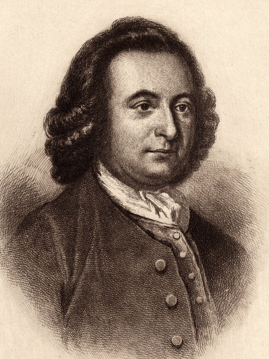 Sepia etched portrait of George Mason in half length, dark hair falling in waves to his collar, wearing a plain coat buttoned over a white stock
