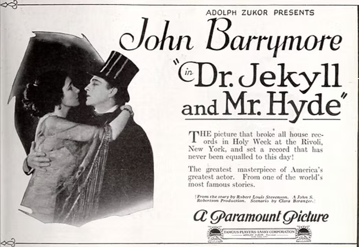 Vintage Paramount Pictures advertisement featuring John Barrymore in "Dr. Jekyll and Mr. Hyde," a silent film from the early 1920s era.