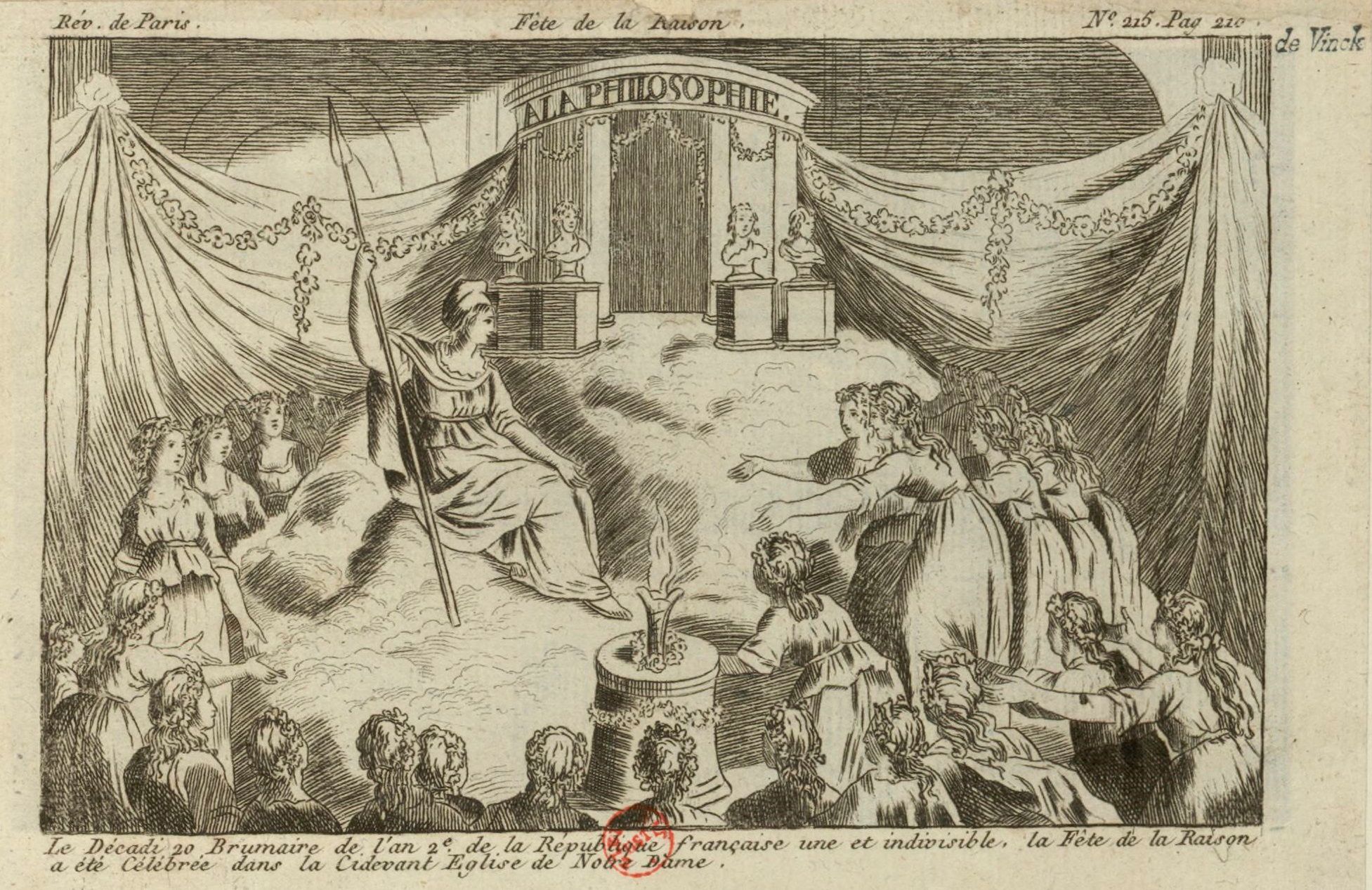 An engraving of the Festival of Reason: young women in white, carrying torches and garlands, process up the steps of a colonnaded temple towards a seated figure of Reason, with a crowd gathered below