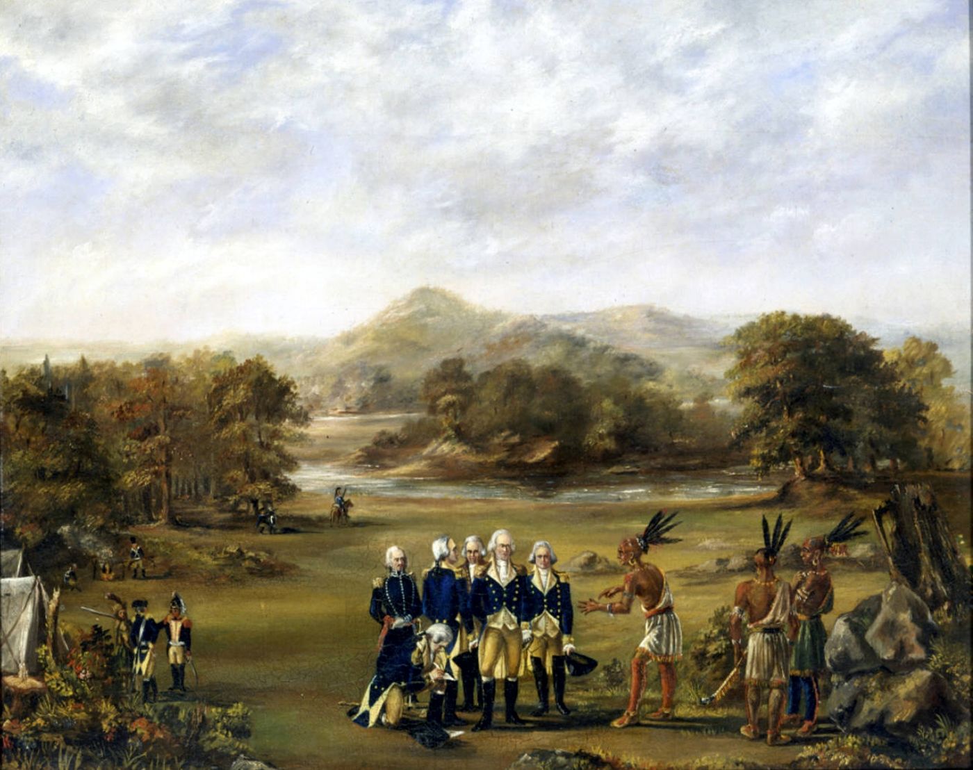 Painting of American officers in uniform meeting Native leaders in a woodland clearing, with an interpreter kneeling between them
