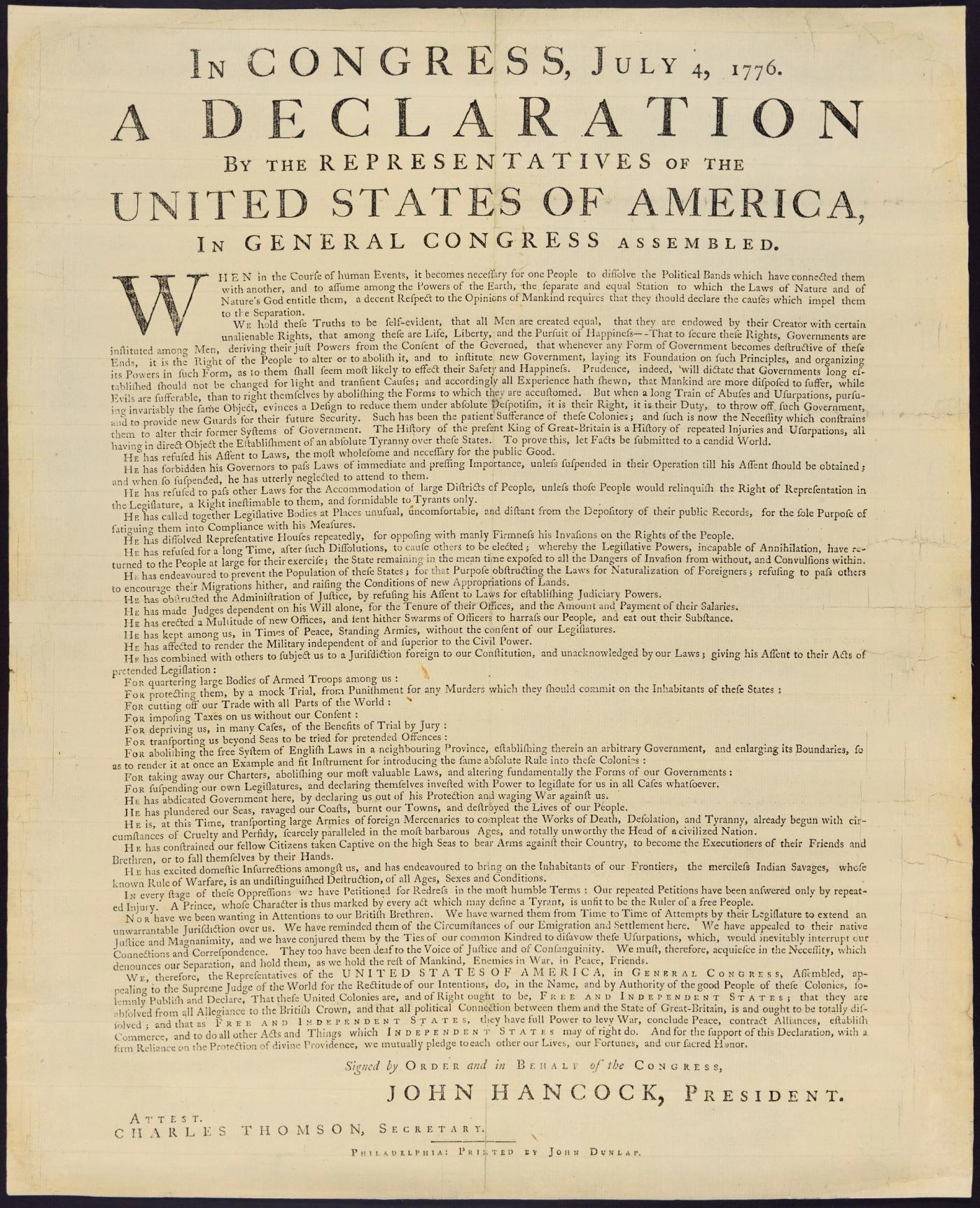 Printed broadside of the Declaration of Independence headed "In Congress, July 4, 1776. A Declaration by the Representatives of the United States of America"