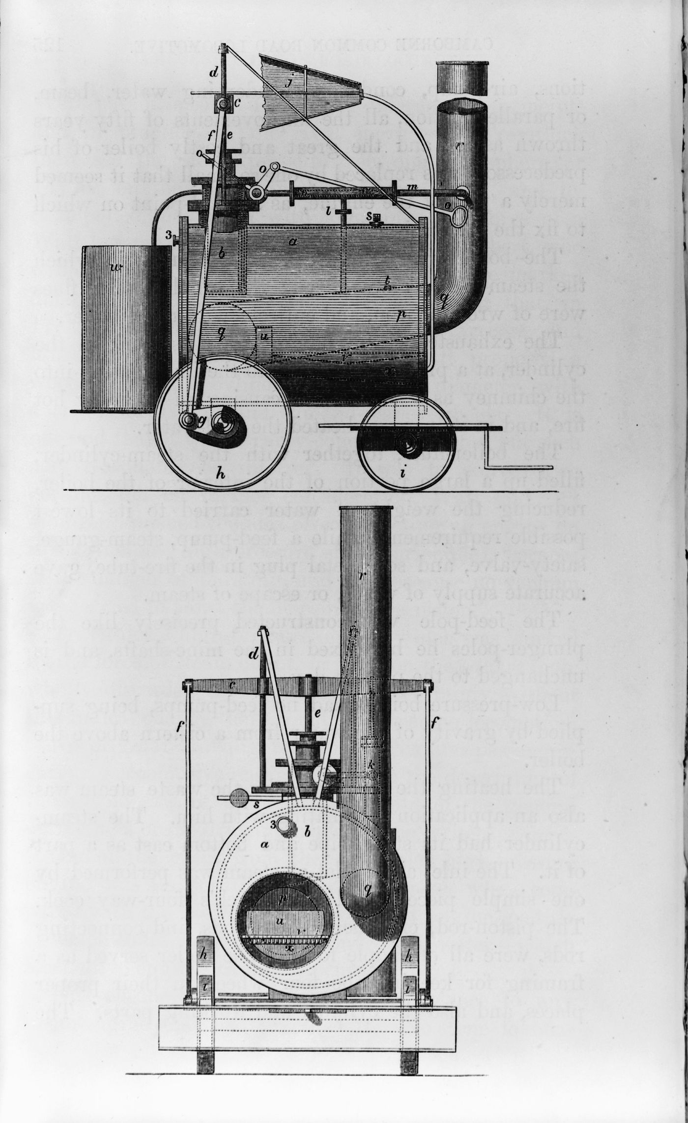 A lettered engineering plate with two views of Trevithick’s road locomotive: above, a side elevation showing the cylindrical boiler, upright chimney, tall spoked driving wheel and small front steering wheel; below, a front elevation showing the boiler end, firedoor and framing