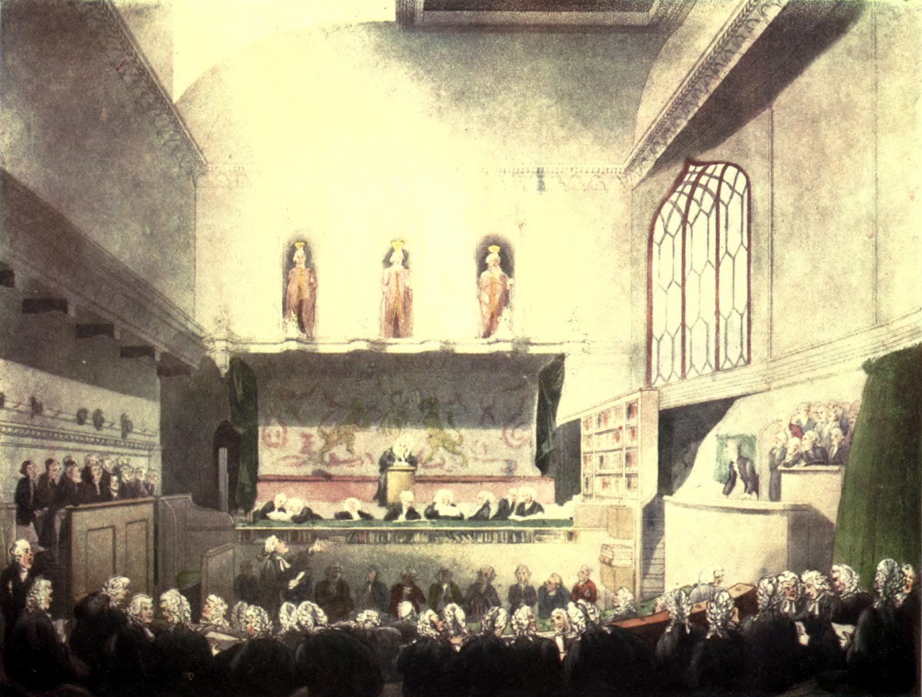 Aquatint of a crowded courtroom: four judges in robes and wigs sit along a raised bench beneath a canopy and the royal arms, a barrister stands addressing them, and the floor below is packed with wigged counsel