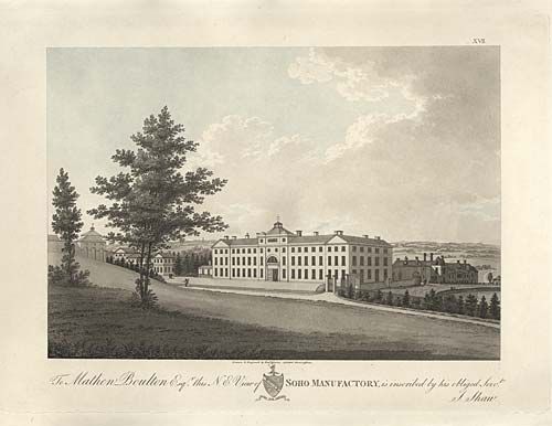 Engraving of a long classical factory building with a central pediment, set in landscaped grounds