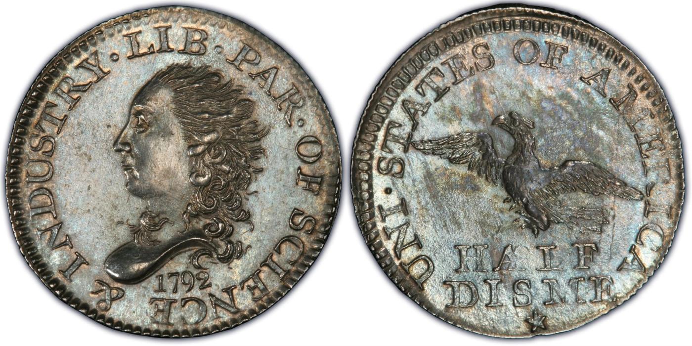 Two faces of a small tarnished silver coin side by side: at left a left-facing head of Liberty with flowing hair, the legend LIB PAR OF SCIENCE AND INDUSTRY and the date 1792; at right an eagle in flight with UNI STATES OF AMERICA above and HALF DISME below
