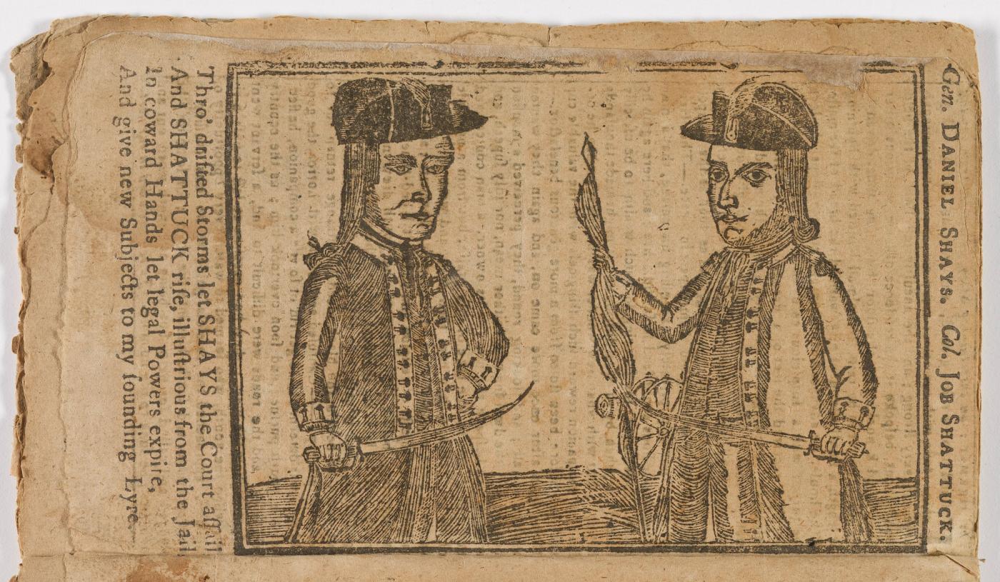 Woodcut of two men in military coats and hats, labeled Daniel Shays and Job Shattuck