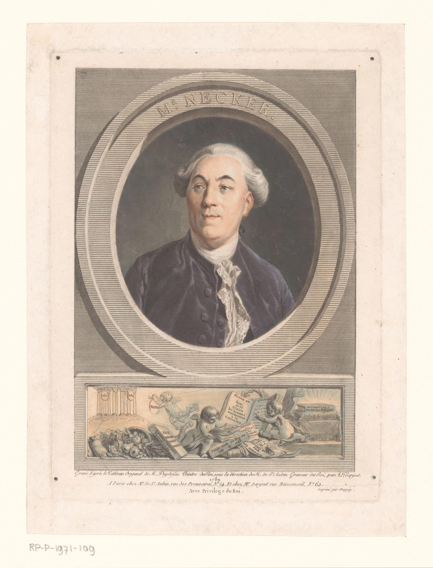 Engraved oval portrait of a heavy-set man in a powdered wig and dark coat, set above a small allegorical scene