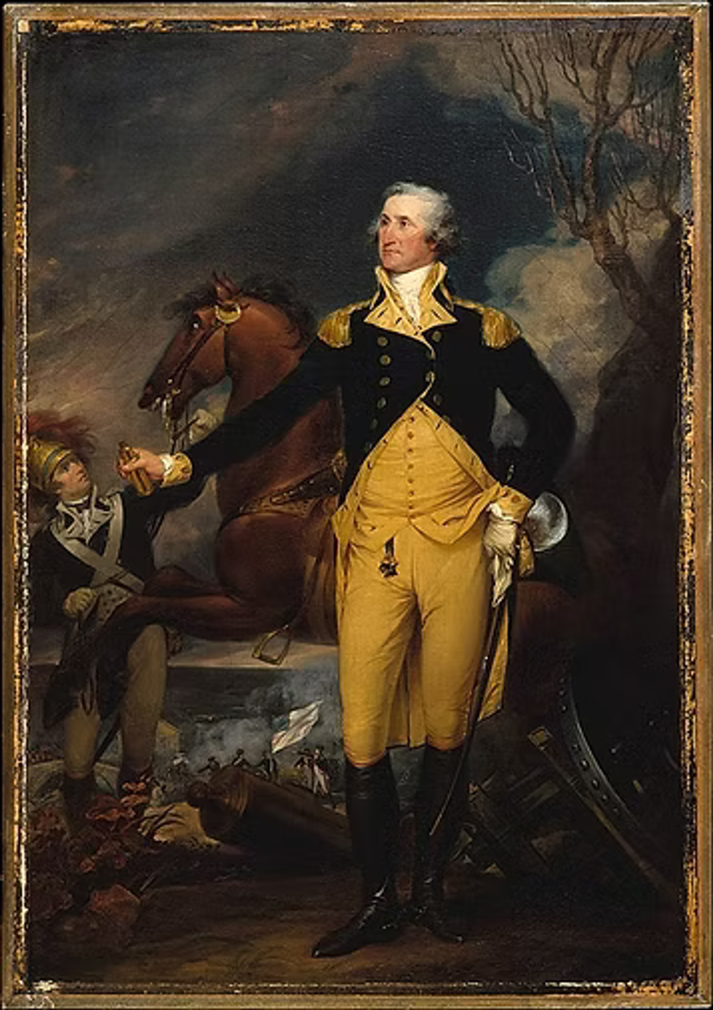 Portrait of a military officer in yellow breeches and dark coat holding a horse's reins, 18th century style painting.