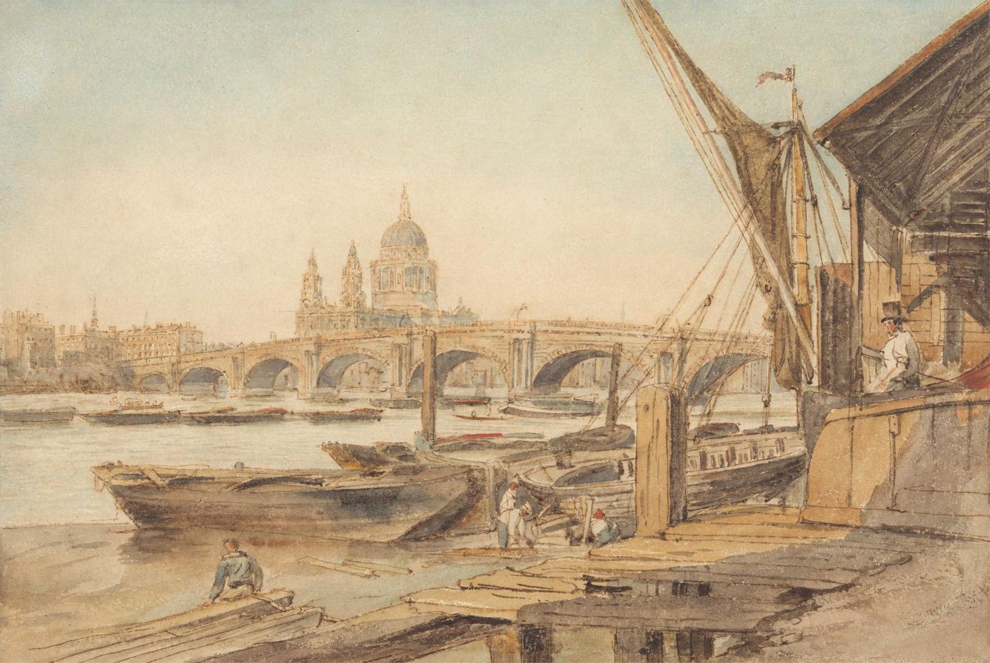 Watercolour of the Thames with barges and a timber wharf in the foreground, a long arched bridge across the river, and the dome of St Paul's rising beyond