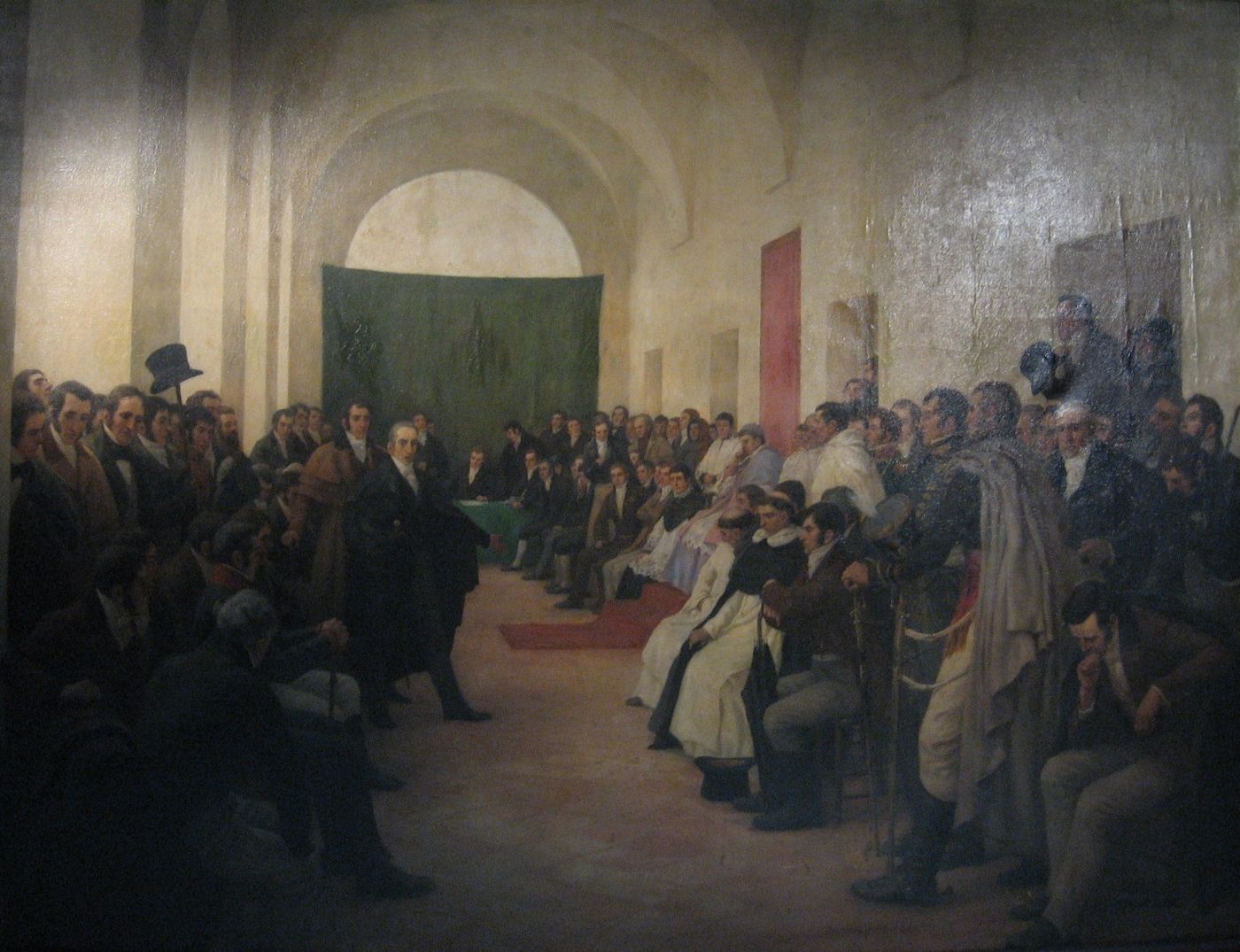 Painting of a crowded colonial hall in which a speaker addresses rows of seated and standing men in early nineteenth-century dress