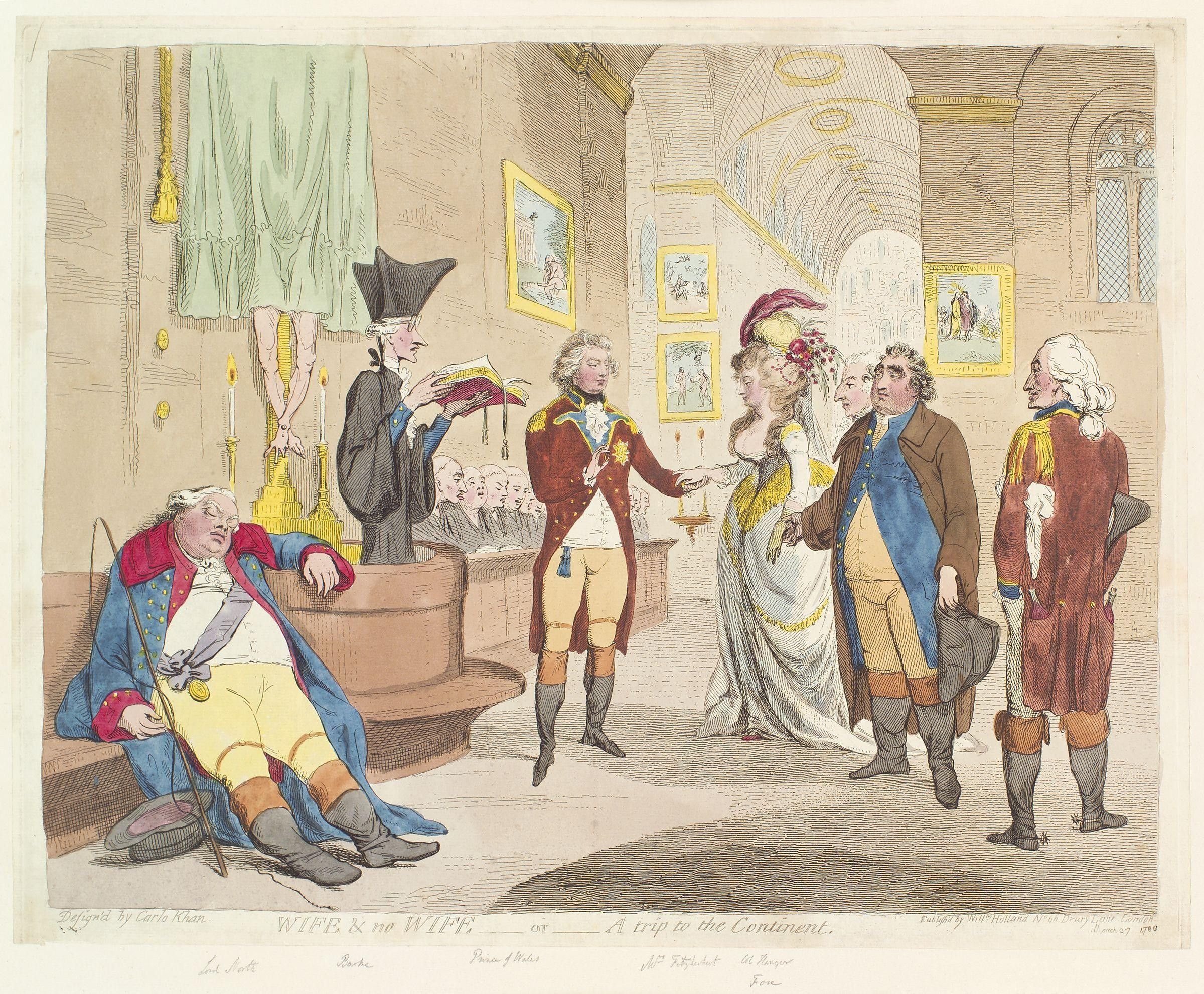 Hand-colored caricature of a mock wedding in a church: the prince in a red coat takes the hand of a woman in a plumed headdress before a clergyman reading from a book, while a stout man sleeps on a bench at left