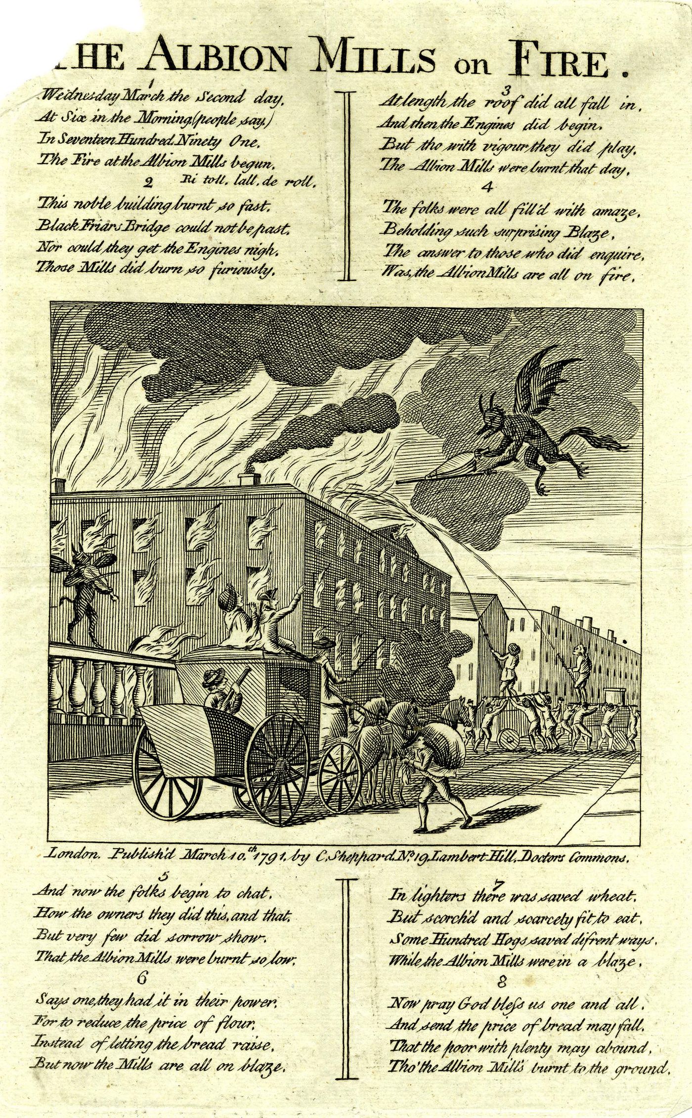 Print of a large building in flames beside a bridge, with crowds, fire engines, and devils fanning the fire