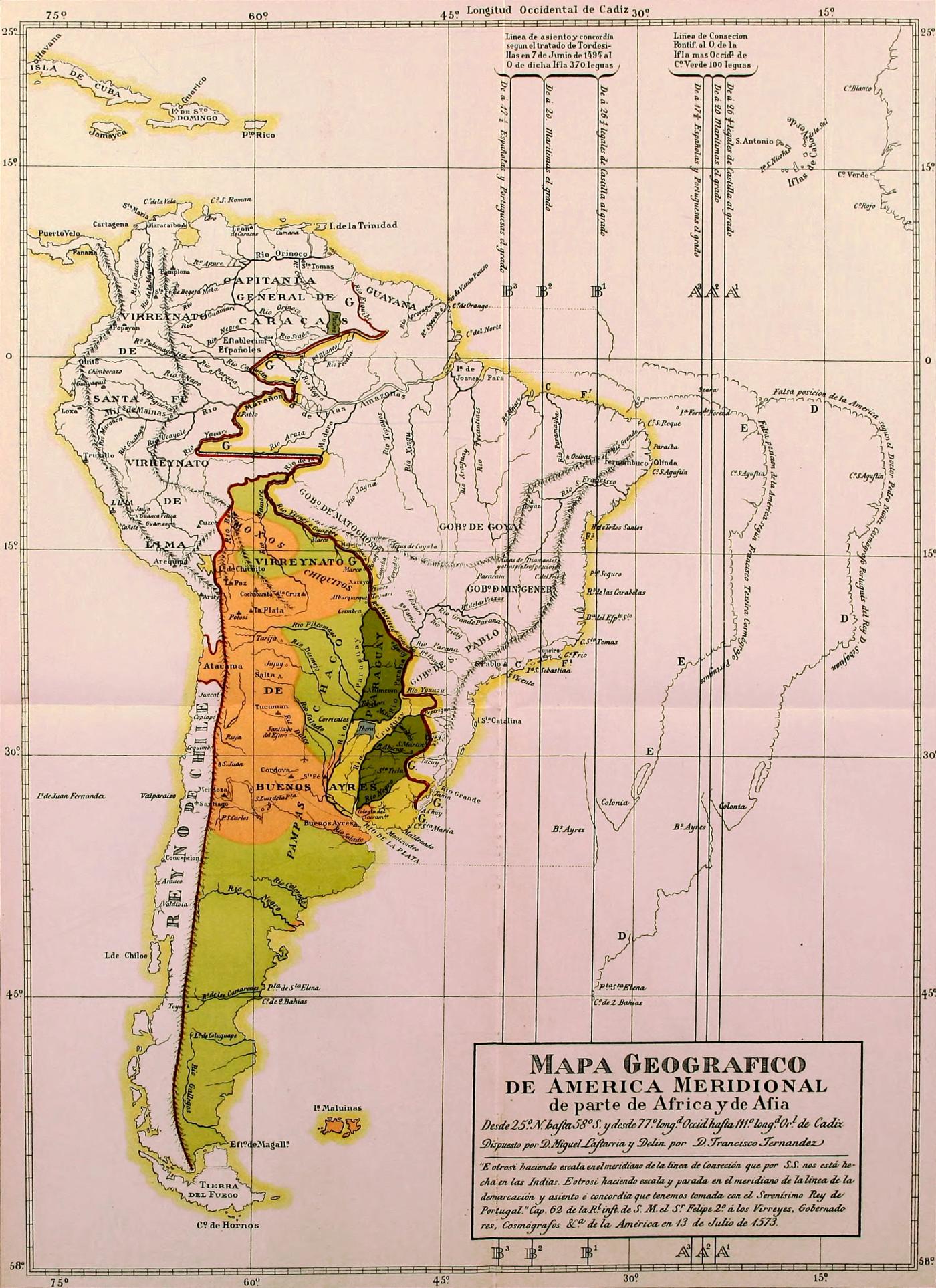 Colored map of South America with the Viceroyalty of the Río de la Plata shaded in orange and green, stretching from Upper Peru to Patagonia