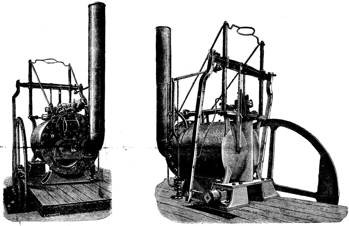 Engraving showing a compact stationary steam engine from two angles, each a horizontal cylindrical boiler on a low wooden platform with a tall chimney at one end and a light open frame of rods above carrying the valve gear