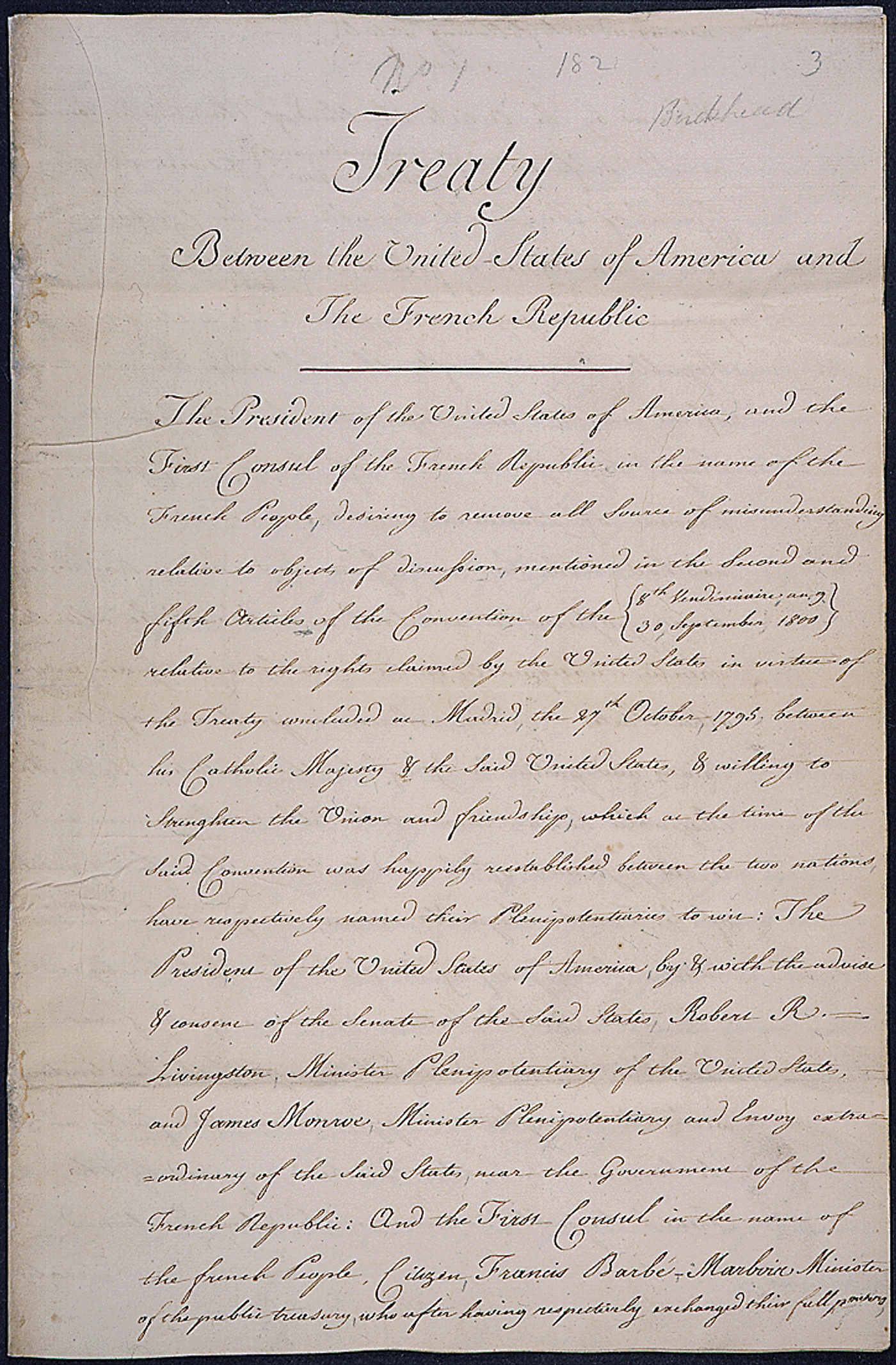 Title page of the 1803 Louisiana Purchase treaty between the United States and the French Republic