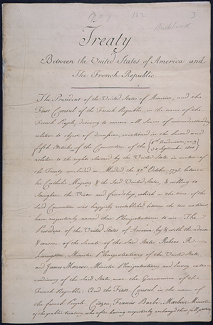 Title page of the 1803 Louisiana Purchase treaty between the United States and the French Republic