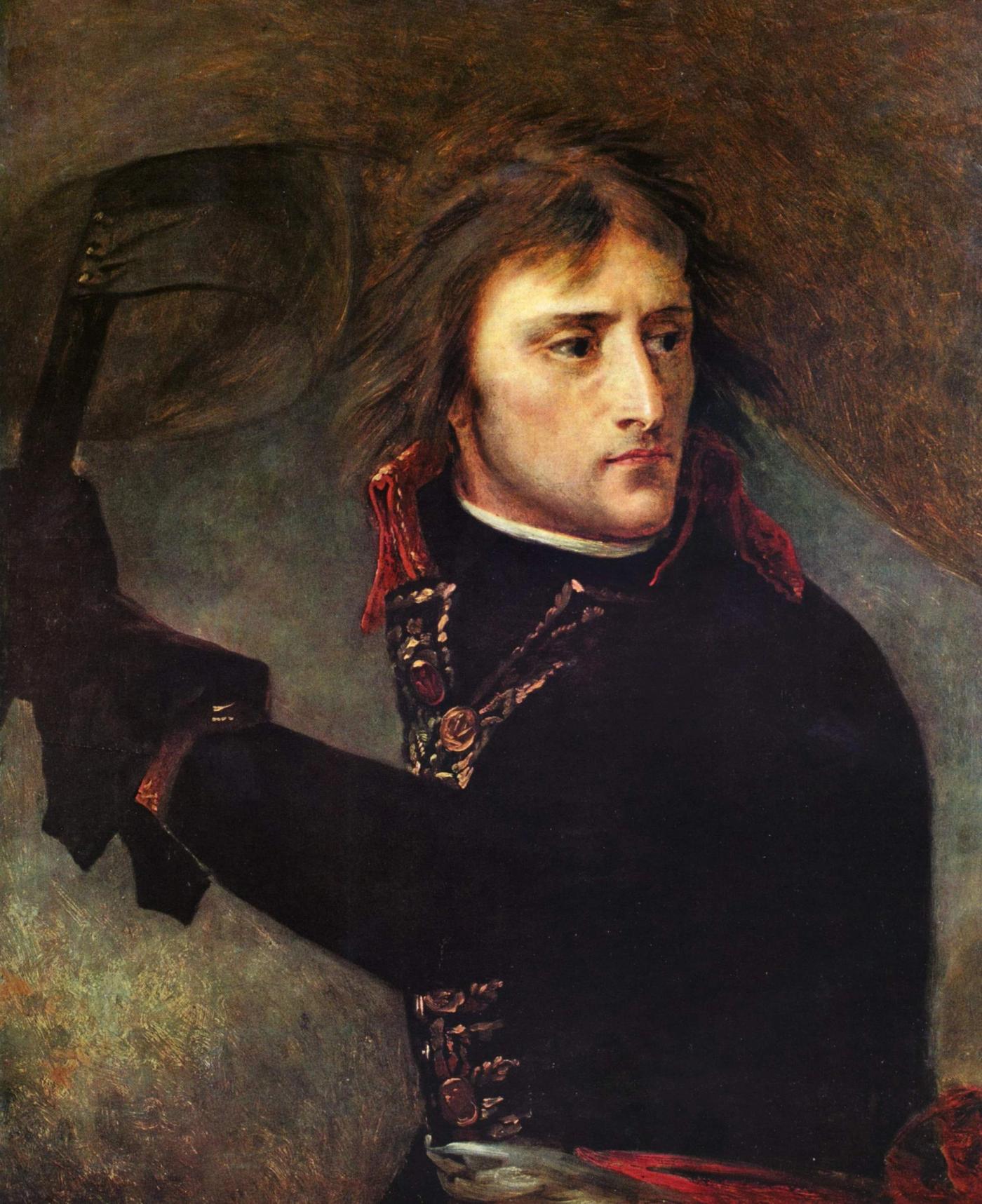 Oil painting of a young general with long dark hair and a dark blue uniform with gold embroidery, turning back and raising a flag