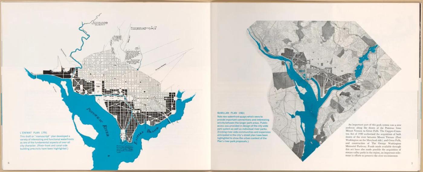 Two historical maps showing urban development plans with blue waterways and black building footprints from late 18th century Washington D.C.