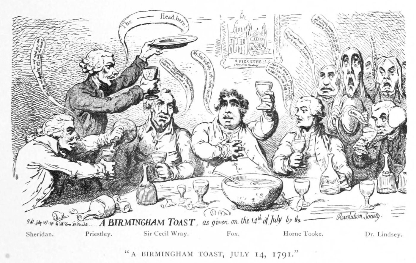 Caricature of seven men at a dinner table raising glasses, each labelled — Sheridan, Priestley, Sir Cecil Wray, Fox, Horne Tooke, Dr Lindsey — while one holds up an empty platter captioned “The Head here!” and speech scrolls rise above them