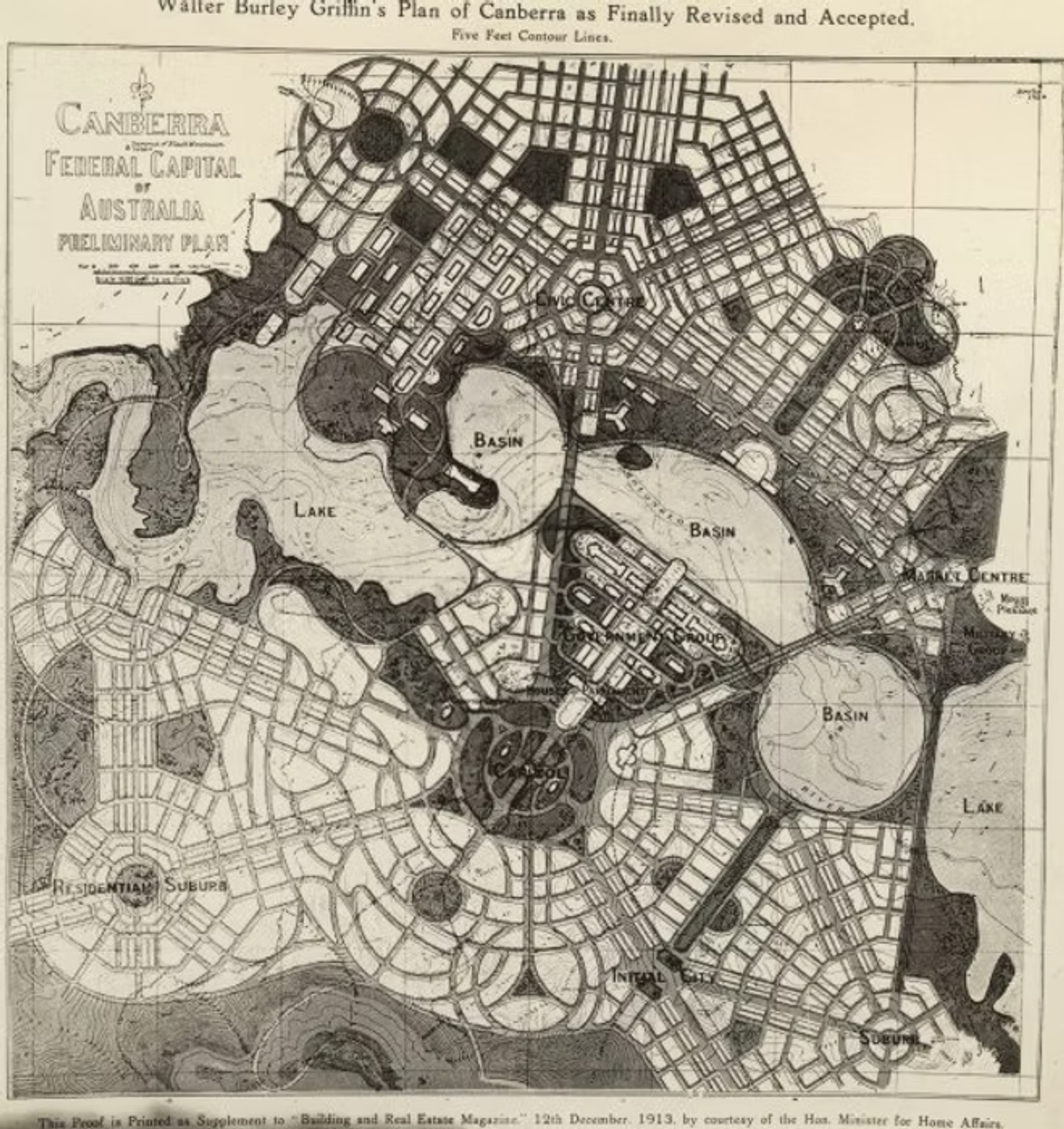 Walter Burley Griffin's revised plan for Canberra showing street layouts, basins, lakes, and residential areas with five-foot contour lines.