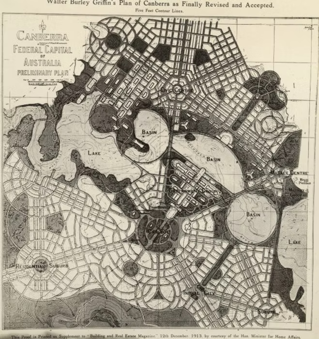 Walter Burley Griffin's revised plan for Canberra showing street layouts, basins, lakes, and residential areas with five-foot contour lines.