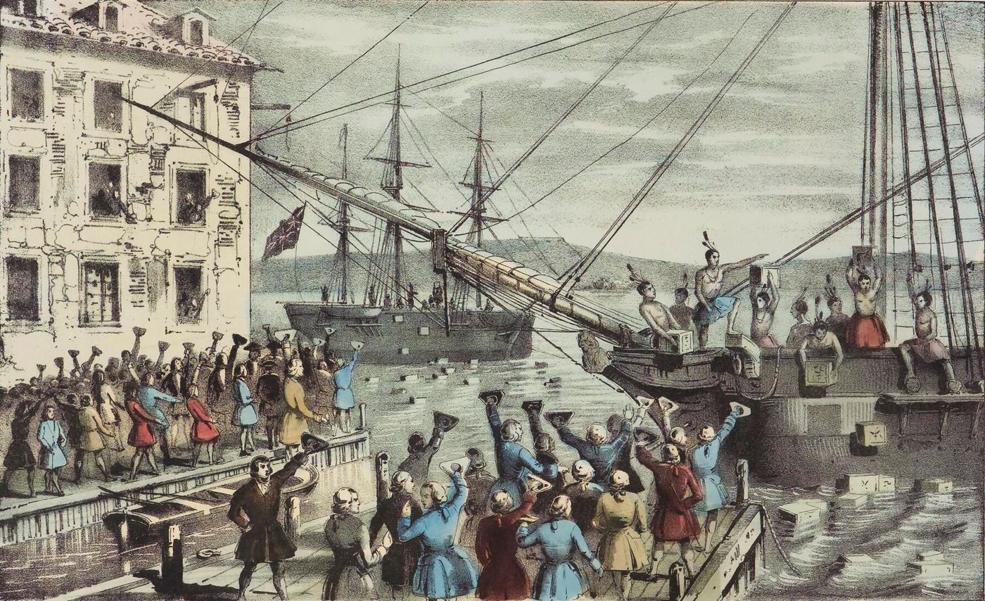 Hand-colored lithograph of men in Native dress throwing tea chests from a moored ship into Boston harbor while a crowd watches from the wharf
