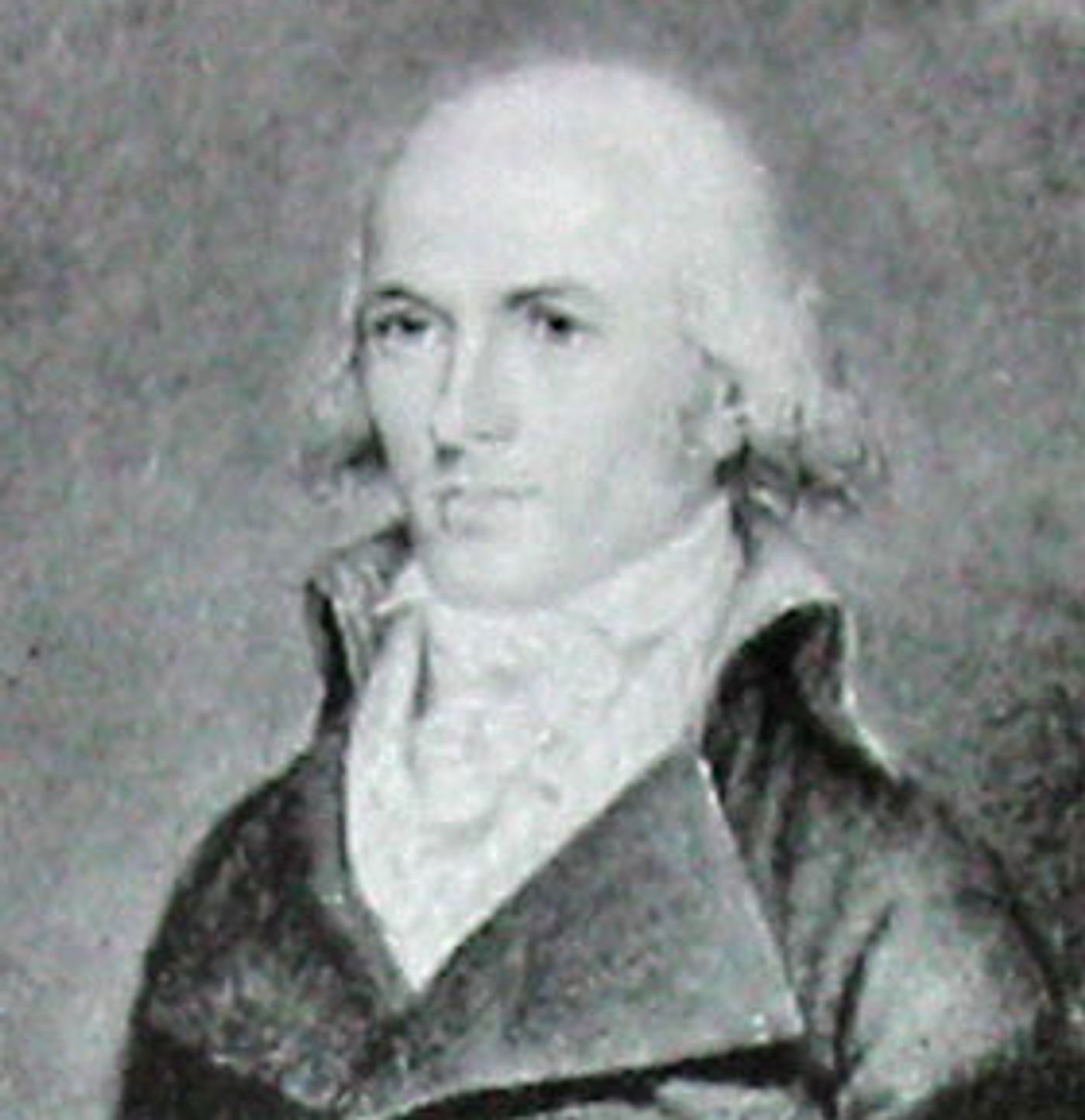 Historical portrait of a bald man with white hair sides wearing a dark coat with large buttons and white cravat, early 19th century.