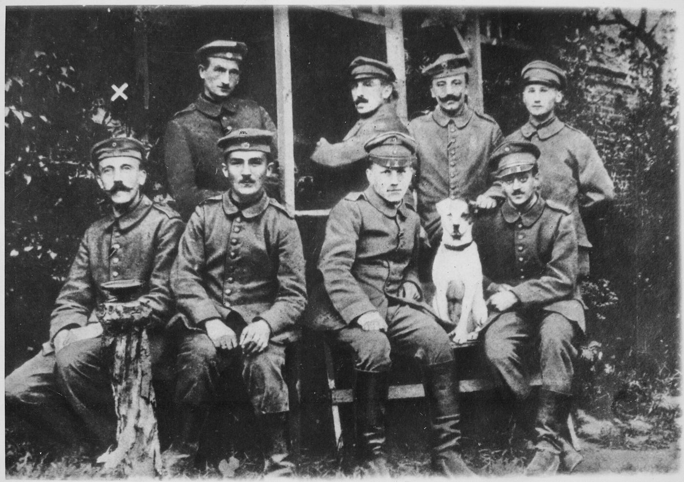 Black-and-white group photograph of eight German soldiers in caps and field uniforms, seated and standing in front of a wooden shelter, with a white dog in the middle