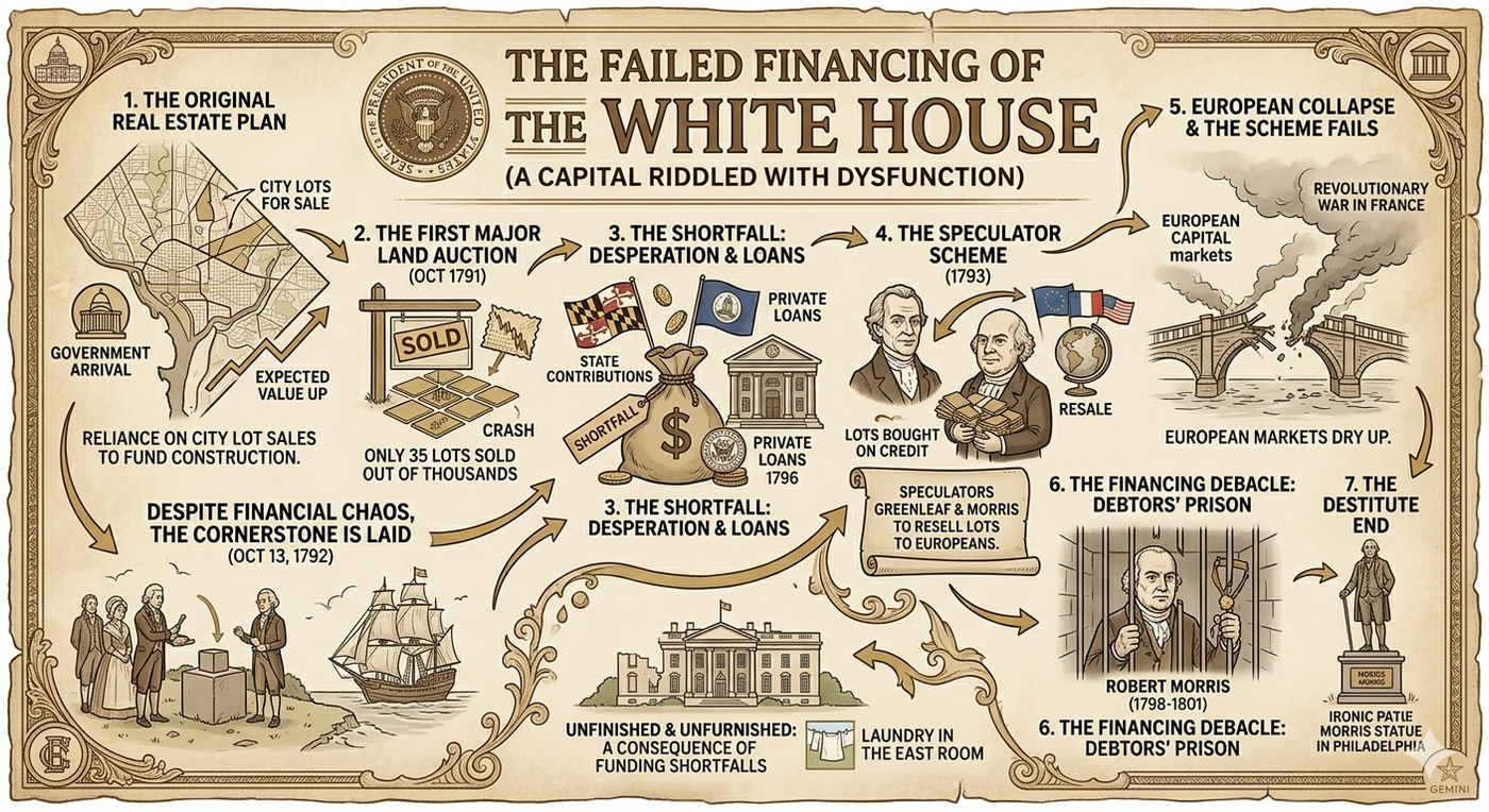Historical infographic detailing the failed financing of the White House construction from 1789-1801, showing seven stages of financial dysfunction and delays.