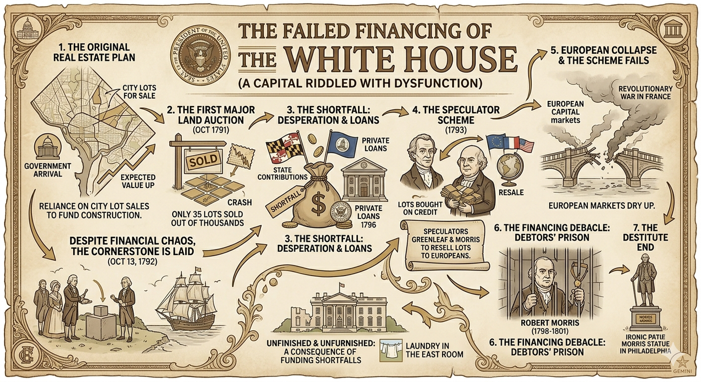 Historical infographic detailing the failed financing of the White House construction from 1789-1801, showing seven stages of financial dysfunction and delays.