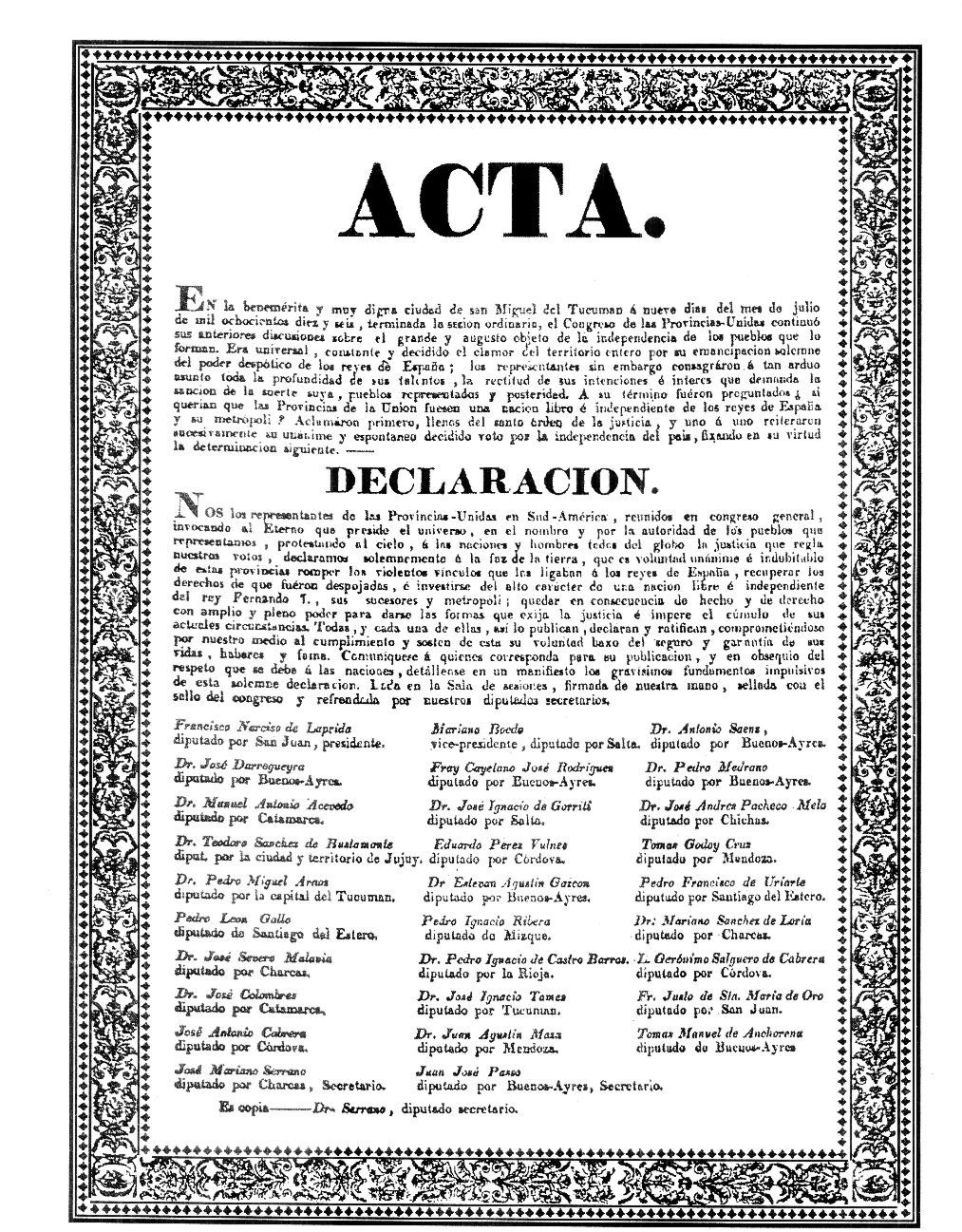 Printed text of the 1816 Act of Independence of the United Provinces in South America