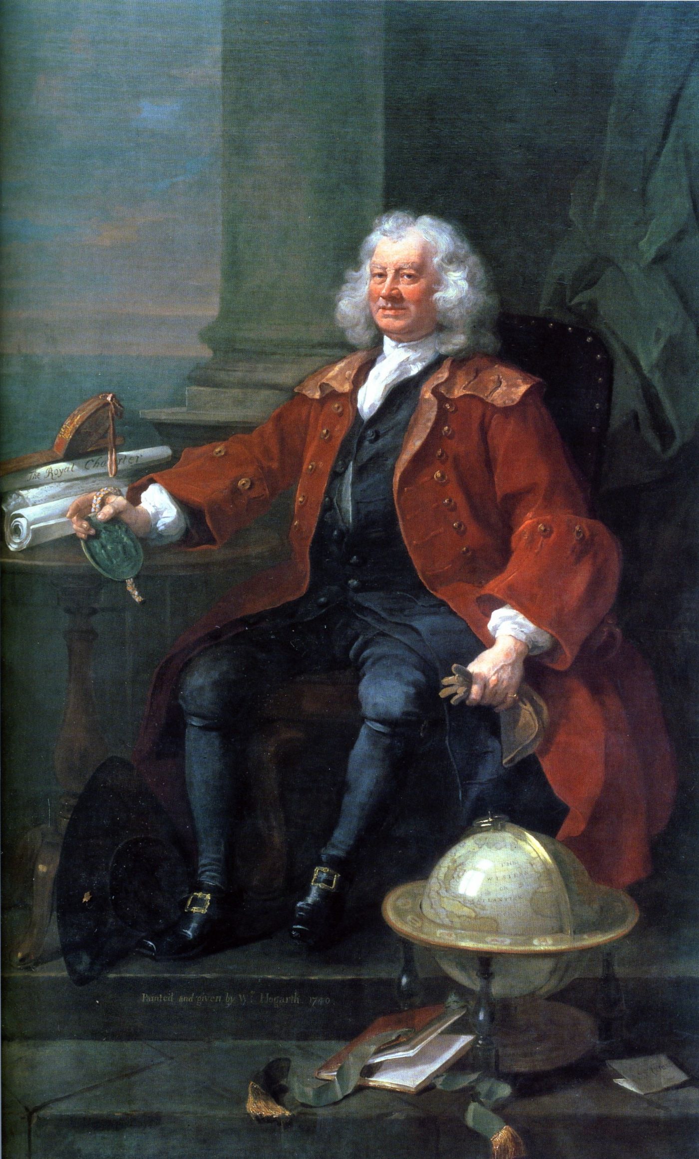 Full-length oil portrait of a white-haired man in a red coat, seated by a column with the hospital charter in his hand and a globe at his feet