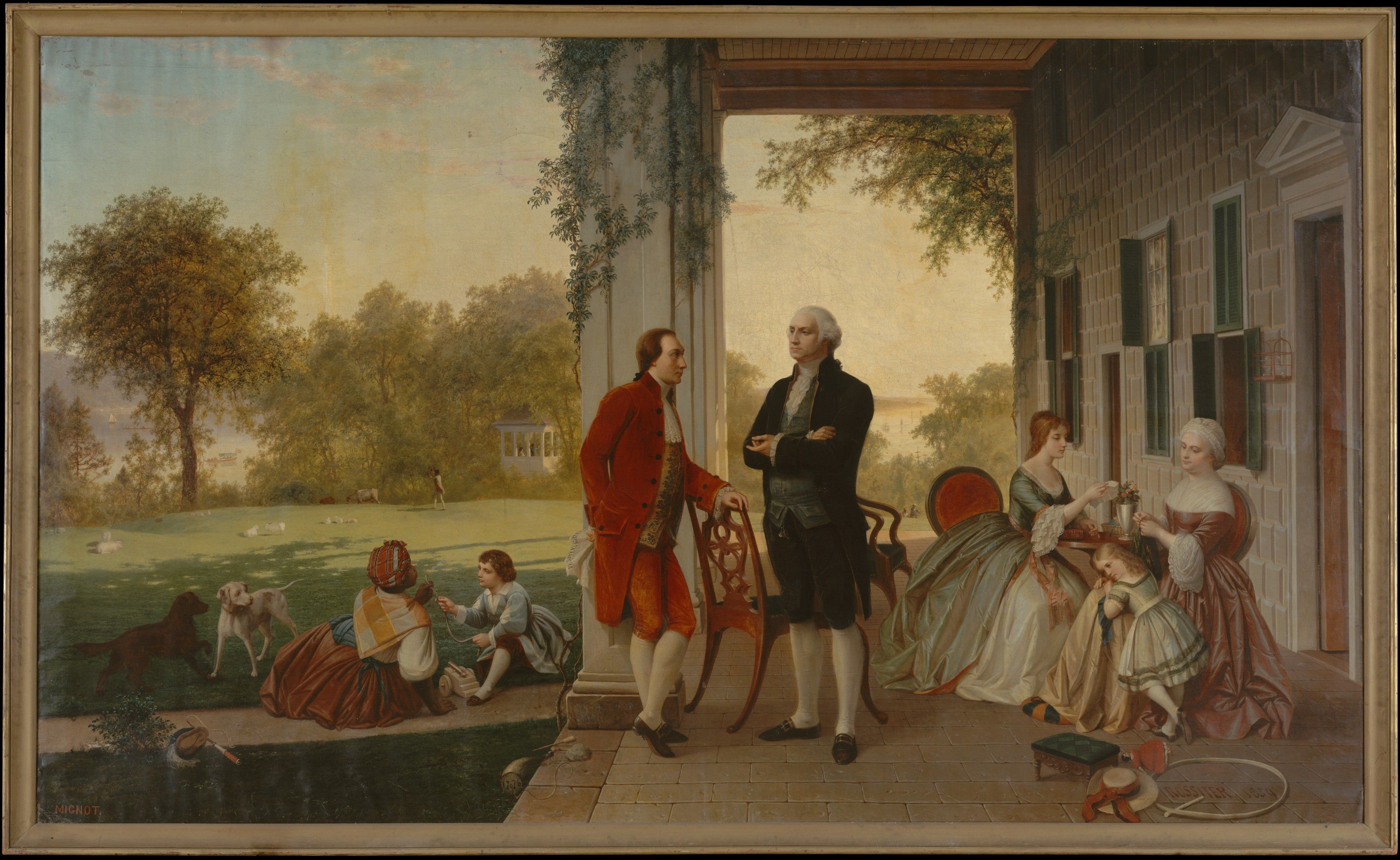 Painting of George Washington and the Marquis de Lafayette talking on the columned piazza of Mount Vernon, with Martha Washington and family seated nearby and the Potomac River beyond the lawn