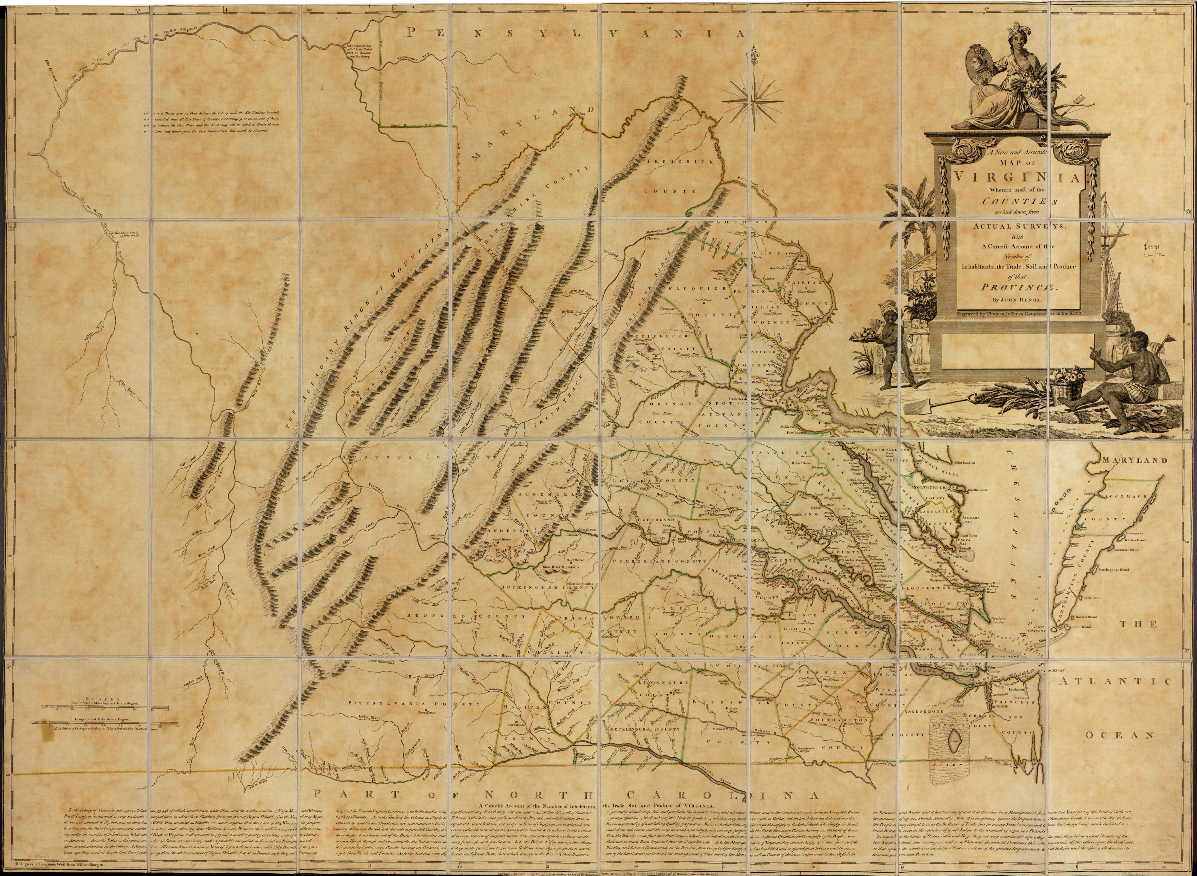 A hand-coloured engraved map of Virginia, with long ranges of hills drawn in relief across the western half, county boundaries and river courses over the centre, and a broad bay opening to the sea on the right