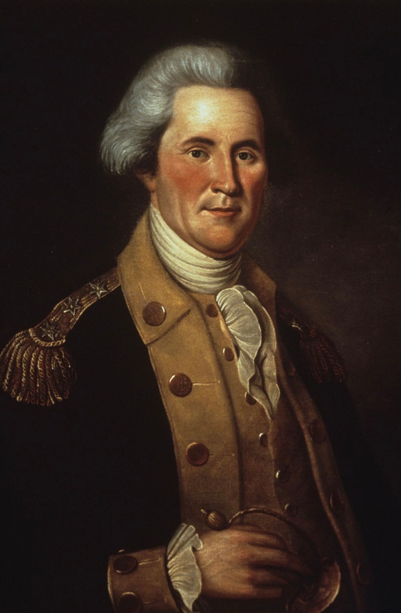 Oil portrait of John Sevier with powdered hair, wearing a dark blue officer’s coat with gold epaulettes over a buff waistcoat and a white ruffled stock