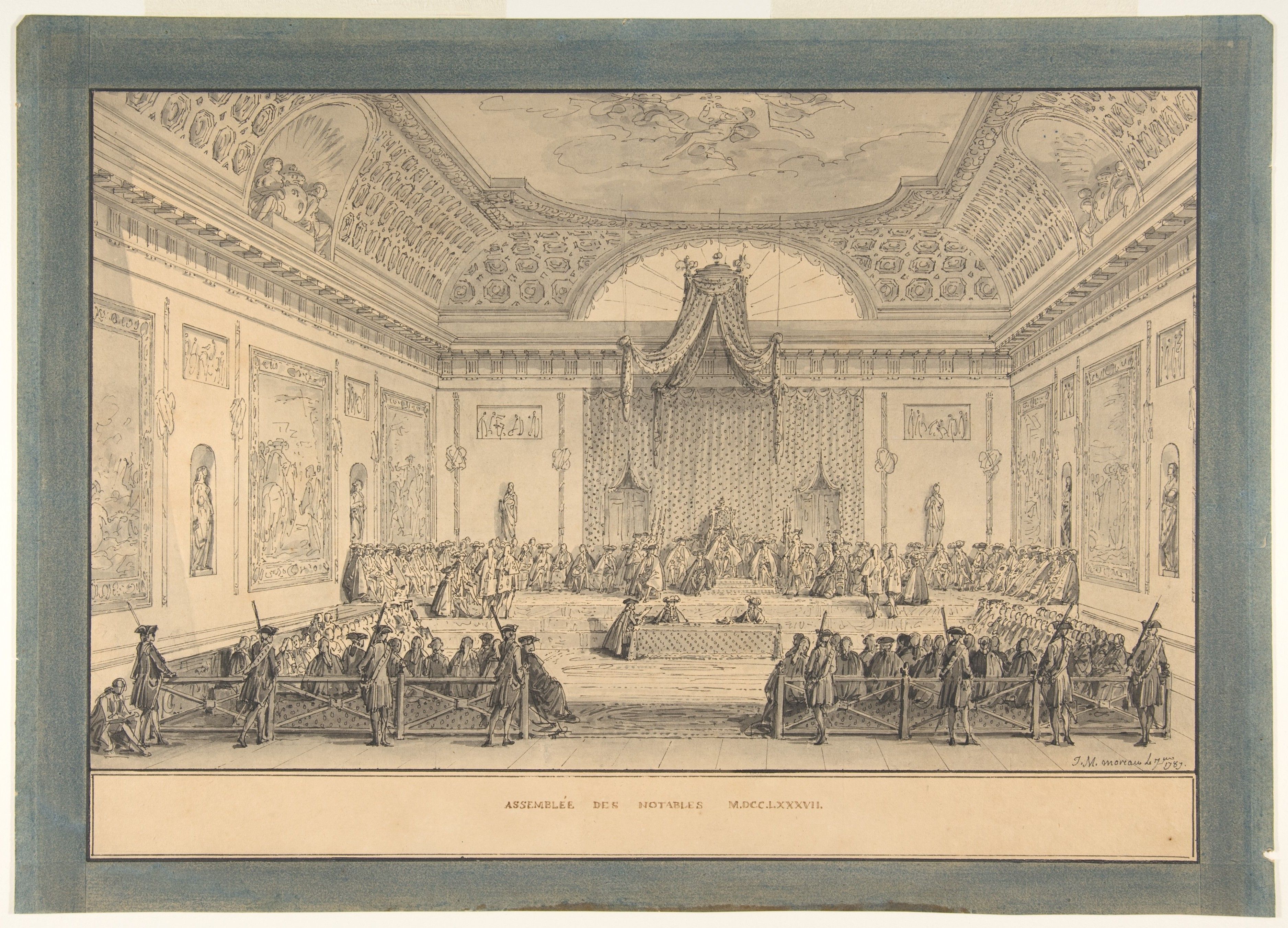 Ink drawing of a grand hall at Versailles with a canopied throne at the far end and rows of seated nobles in court dress along tables
